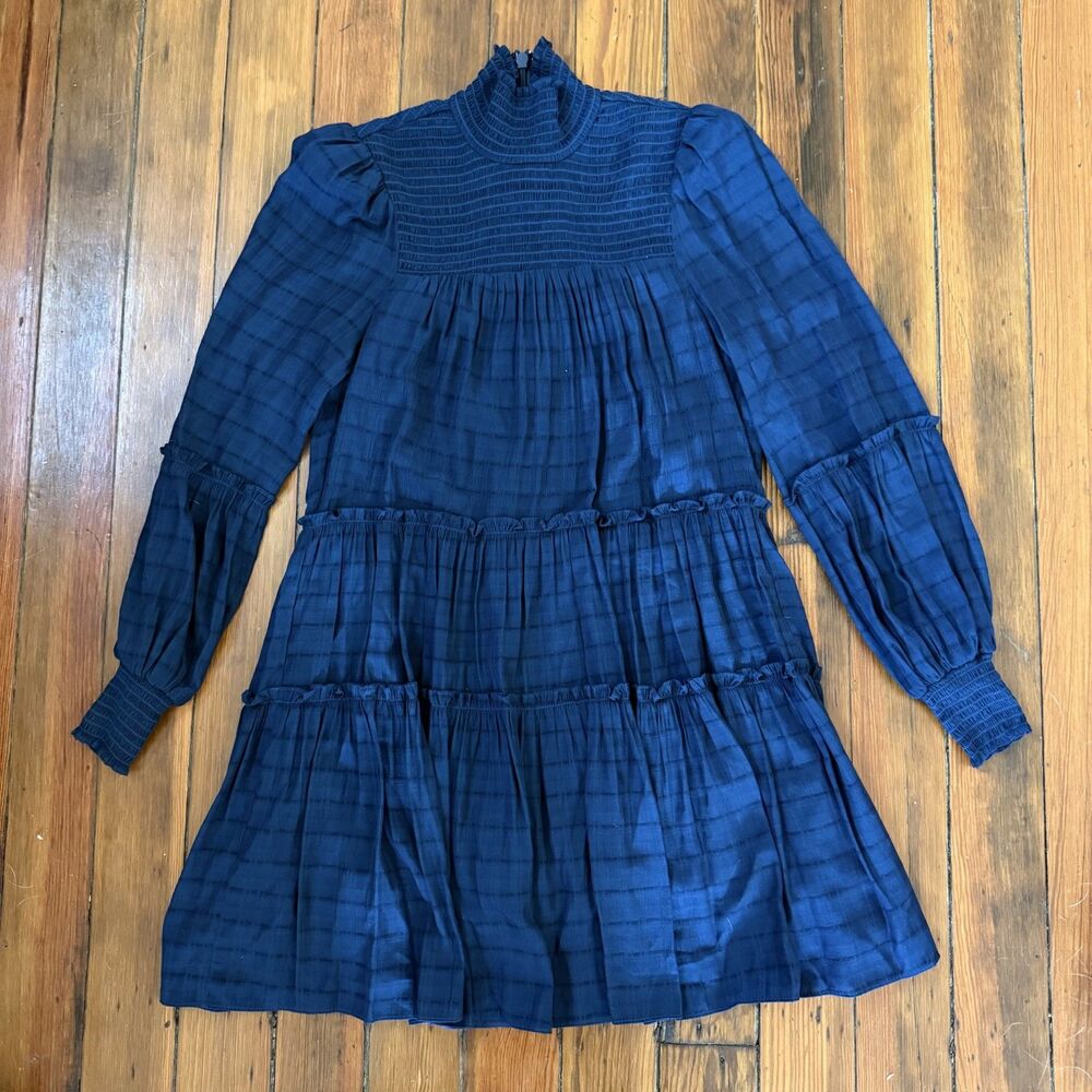 Cinq a Sept Navy blue tonal plaid long sleeve mini prairie smocked dress - 0